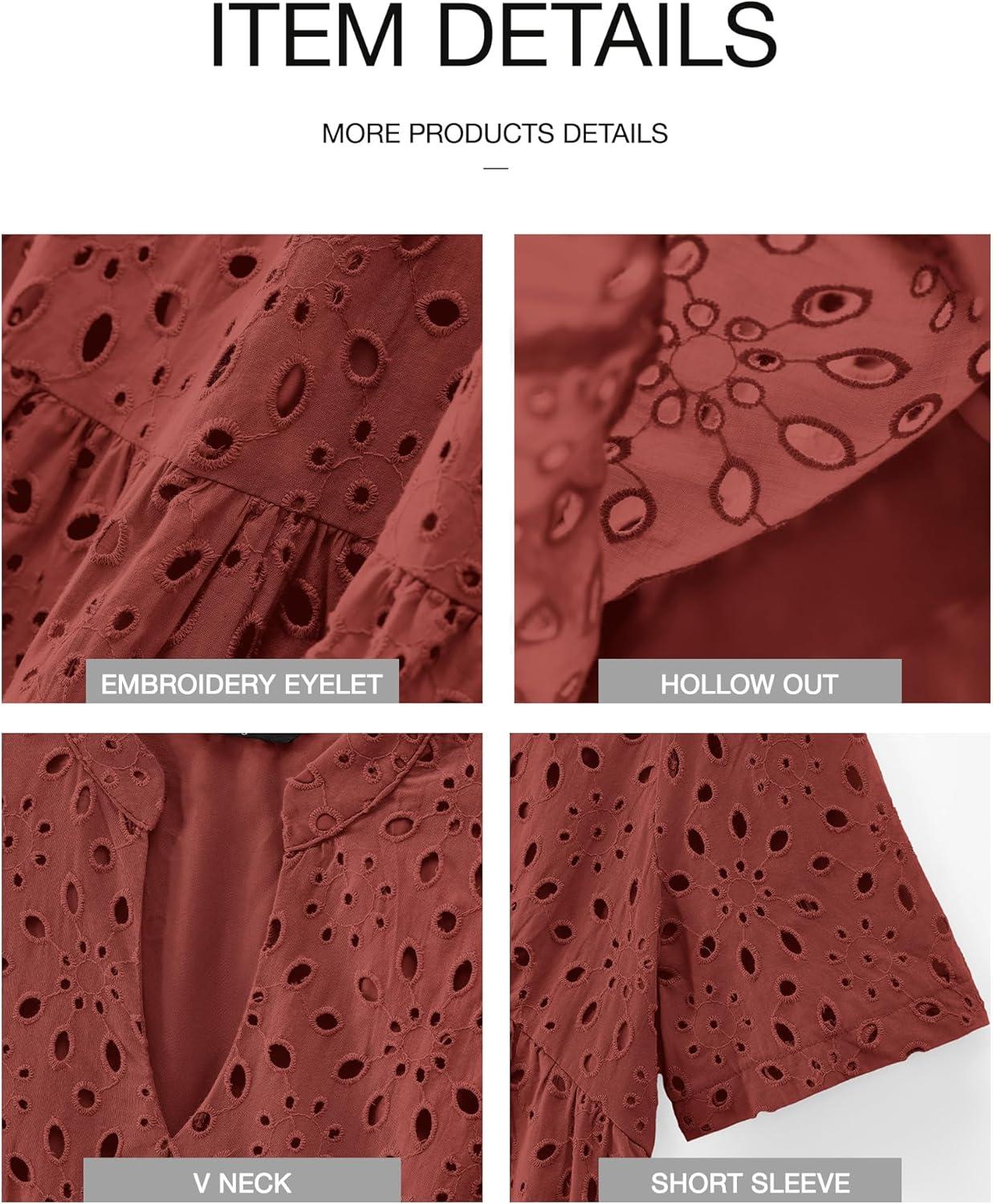 imageBTFBM Womens Boho Summer Dresses 2026 Spring V Neck Short Sleeve Hollow Out Lace Ruffle Casual Beach Mini Vacation DressBrown Red