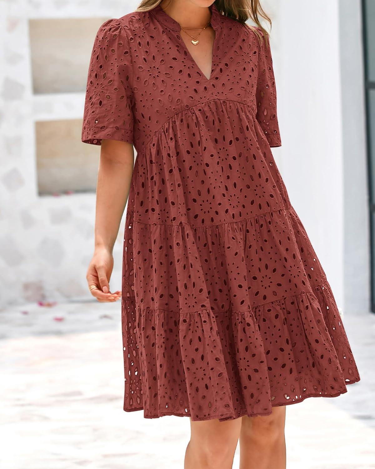 imageBTFBM Womens Boho Summer Dresses 2026 Spring V Neck Short Sleeve Hollow Out Lace Ruffle Casual Beach Mini Vacation DressBrown Red
