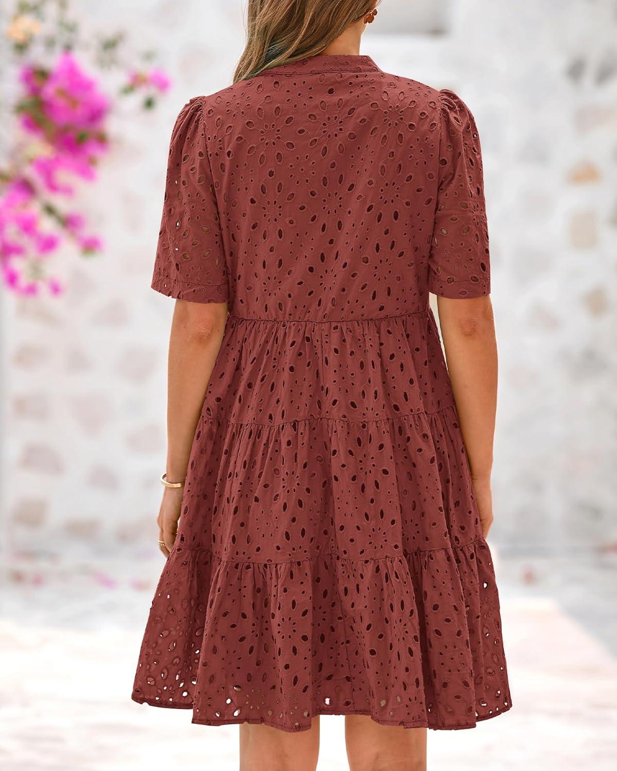 imageBTFBM Womens Boho Summer Dresses 2026 Spring V Neck Short Sleeve Hollow Out Lace Ruffle Casual Beach Mini Vacation DressBrown Red
