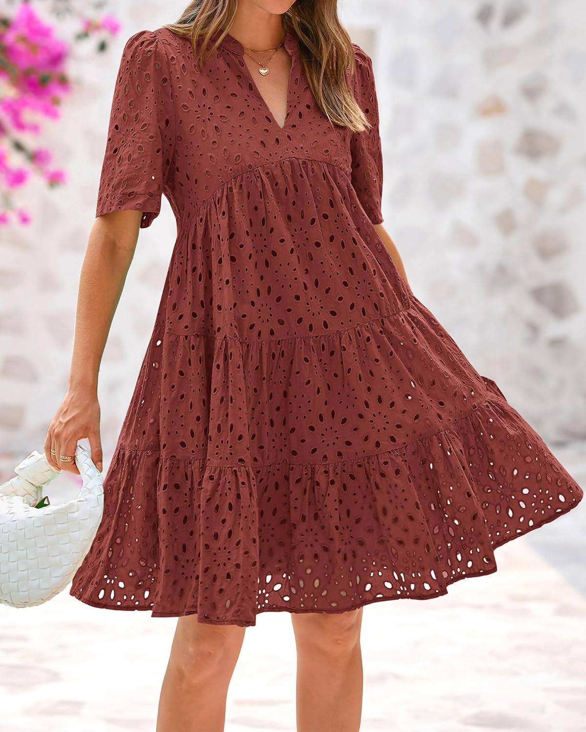 imageBTFBM Womens Boho Summer Dresses 2026 Spring V Neck Short Sleeve Hollow Out Lace Ruffle Casual Beach Mini Vacation DressBrown Red