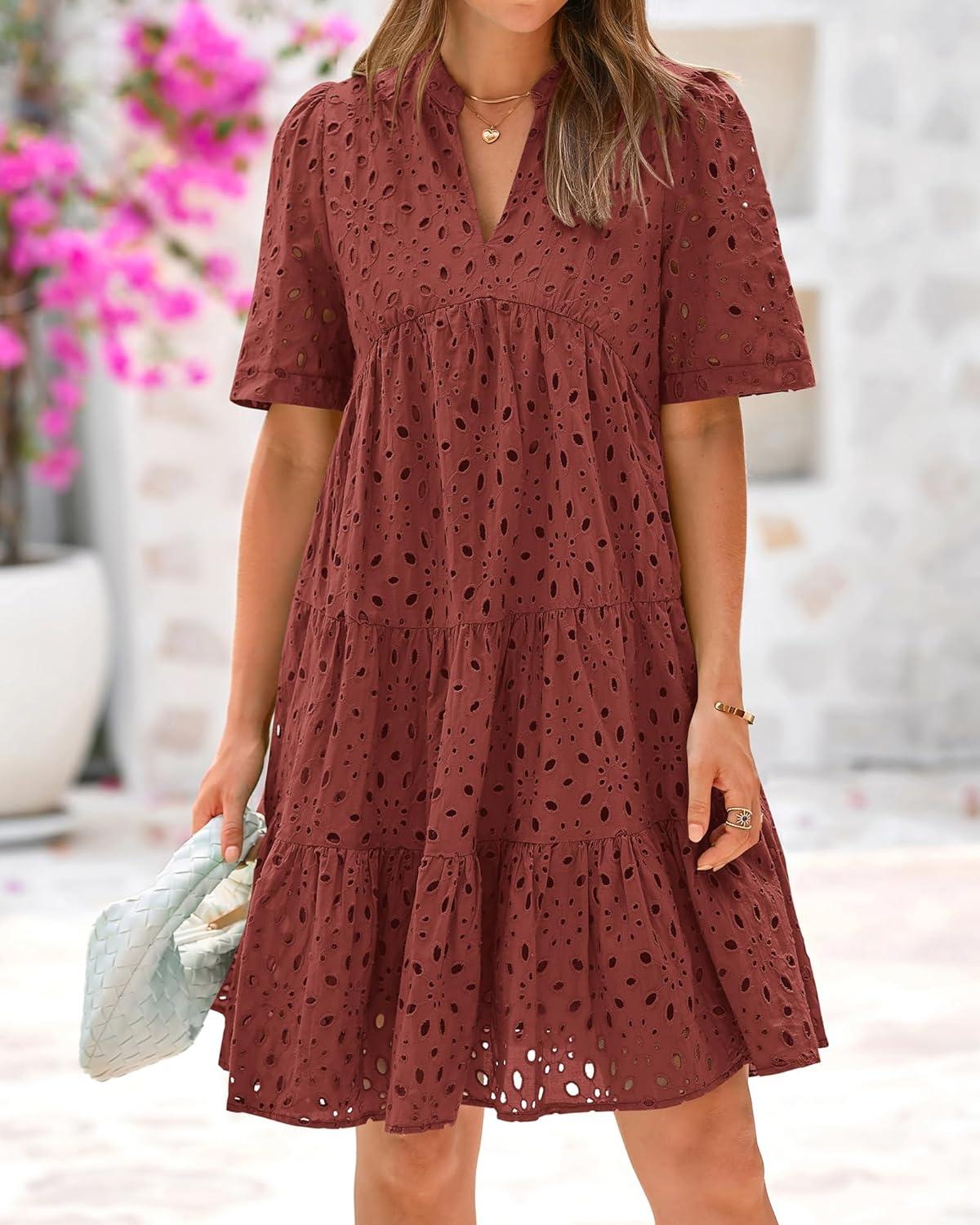 imageBTFBM Womens Boho Summer Dresses 2026 Spring V Neck Short Sleeve Hollow Out Lace Ruffle Casual Beach Mini Vacation DressBrown Red