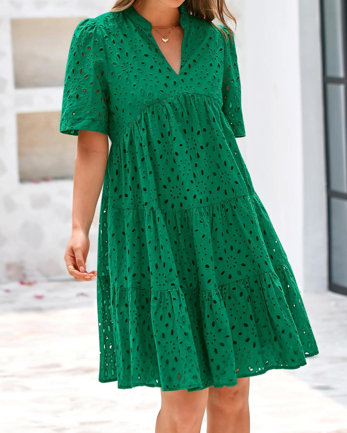 imageBTFBM Womens Boho Summer Dresses 2026 Spring V Neck Short Sleeve Hollow Out Lace Ruffle Casual Beach Mini Vacation DressDark Green