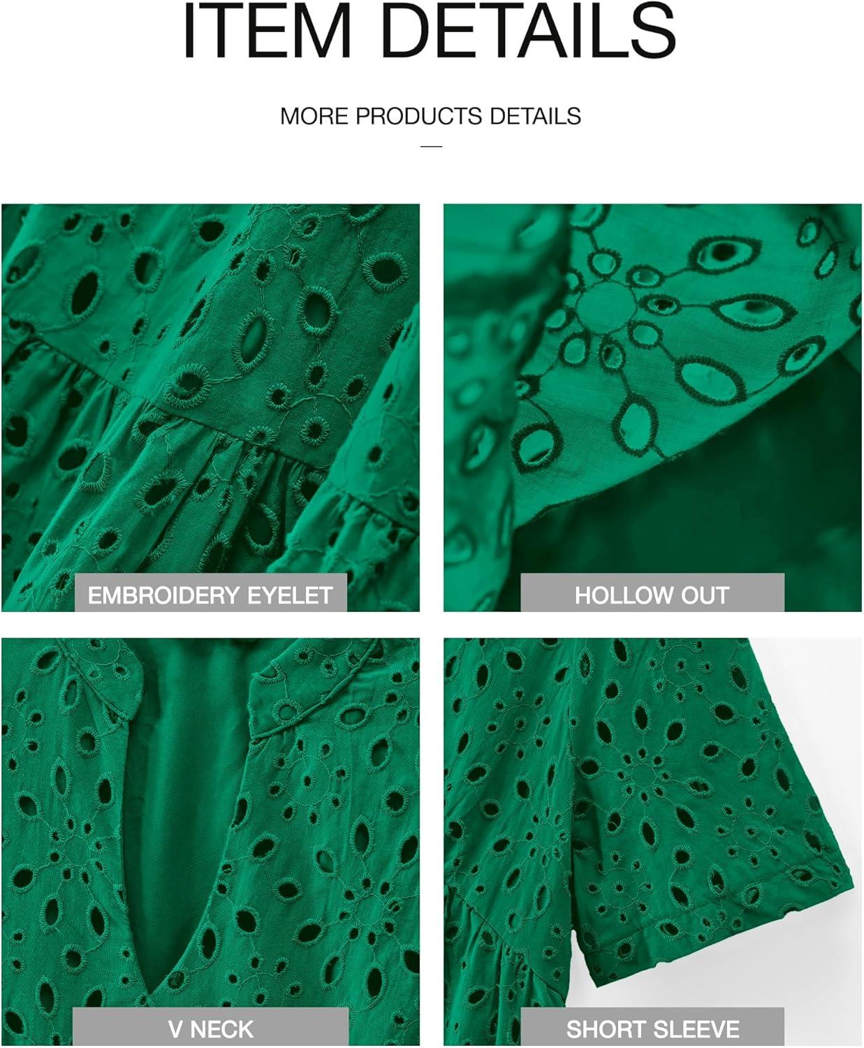 imageBTFBM Womens Boho Summer Dresses 2026 Spring V Neck Short Sleeve Hollow Out Lace Ruffle Casual Beach Mini Vacation DressDark Green