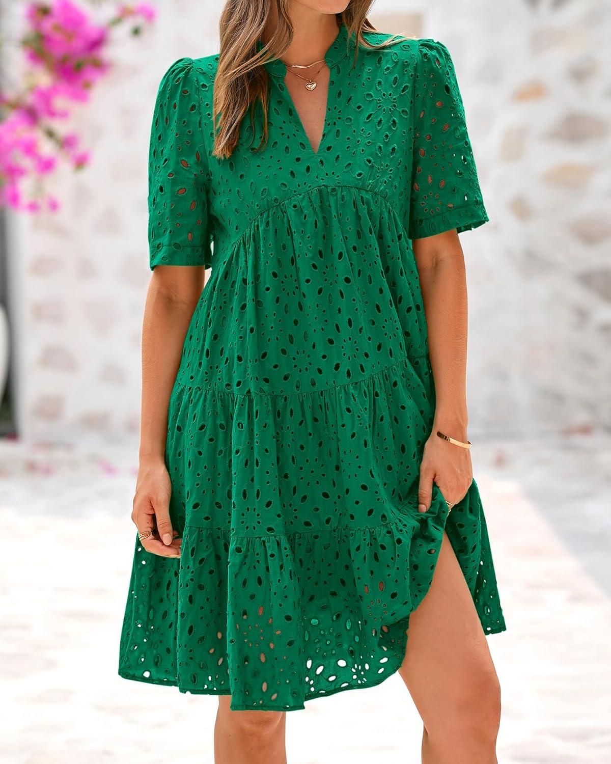 imageBTFBM Womens Boho Summer Dresses 2026 Spring V Neck Short Sleeve Hollow Out Lace Ruffle Casual Beach Mini Vacation DressDark Green