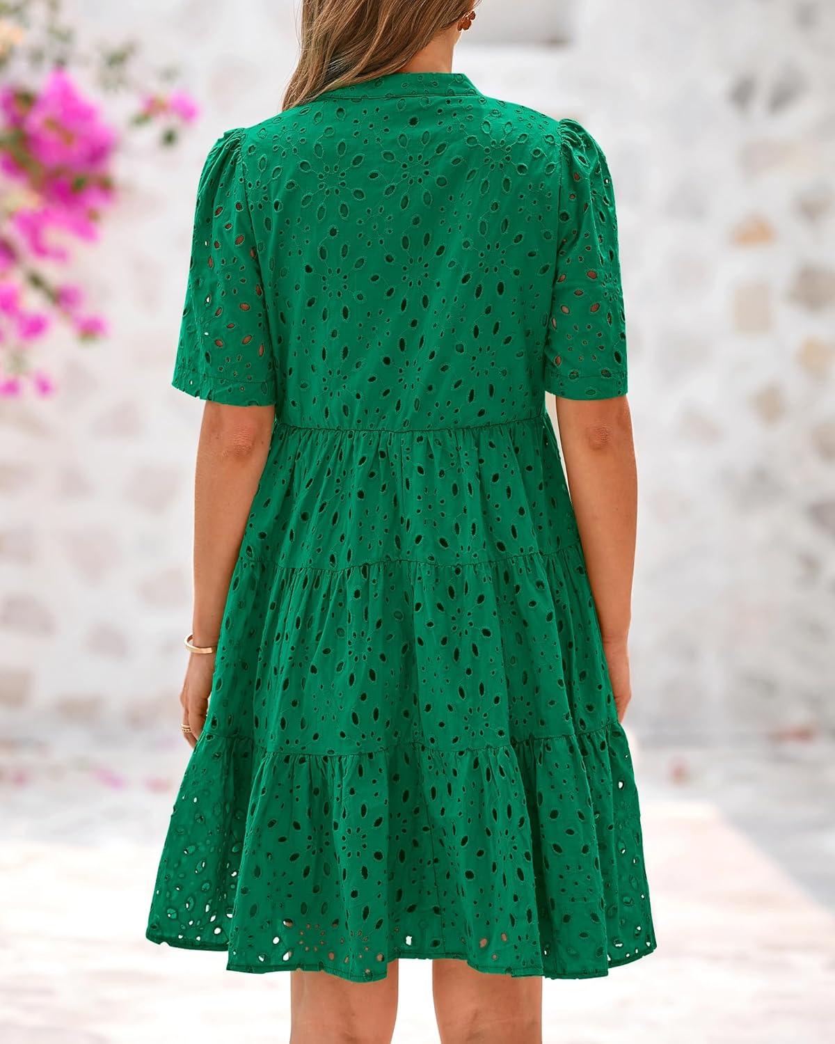imageBTFBM Womens Boho Summer Dresses 2026 Spring V Neck Short Sleeve Hollow Out Lace Ruffle Casual Beach Mini Vacation DressDark Green