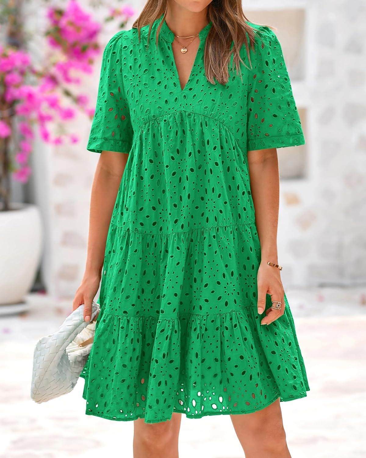 imageBTFBM Womens Boho Summer Dresses 2026 Spring V Neck Short Sleeve Hollow Out Lace Ruffle Casual Beach Mini Vacation DressGreen