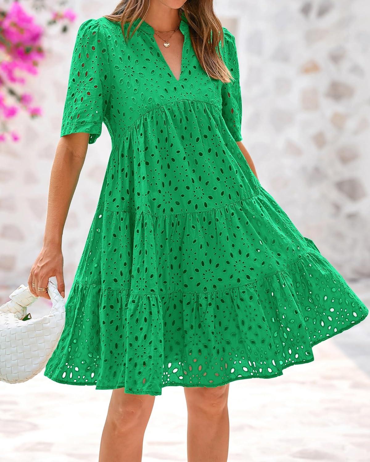 imageBTFBM Womens Boho Summer Dresses 2026 Spring V Neck Short Sleeve Hollow Out Lace Ruffle Casual Beach Mini Vacation DressGreen