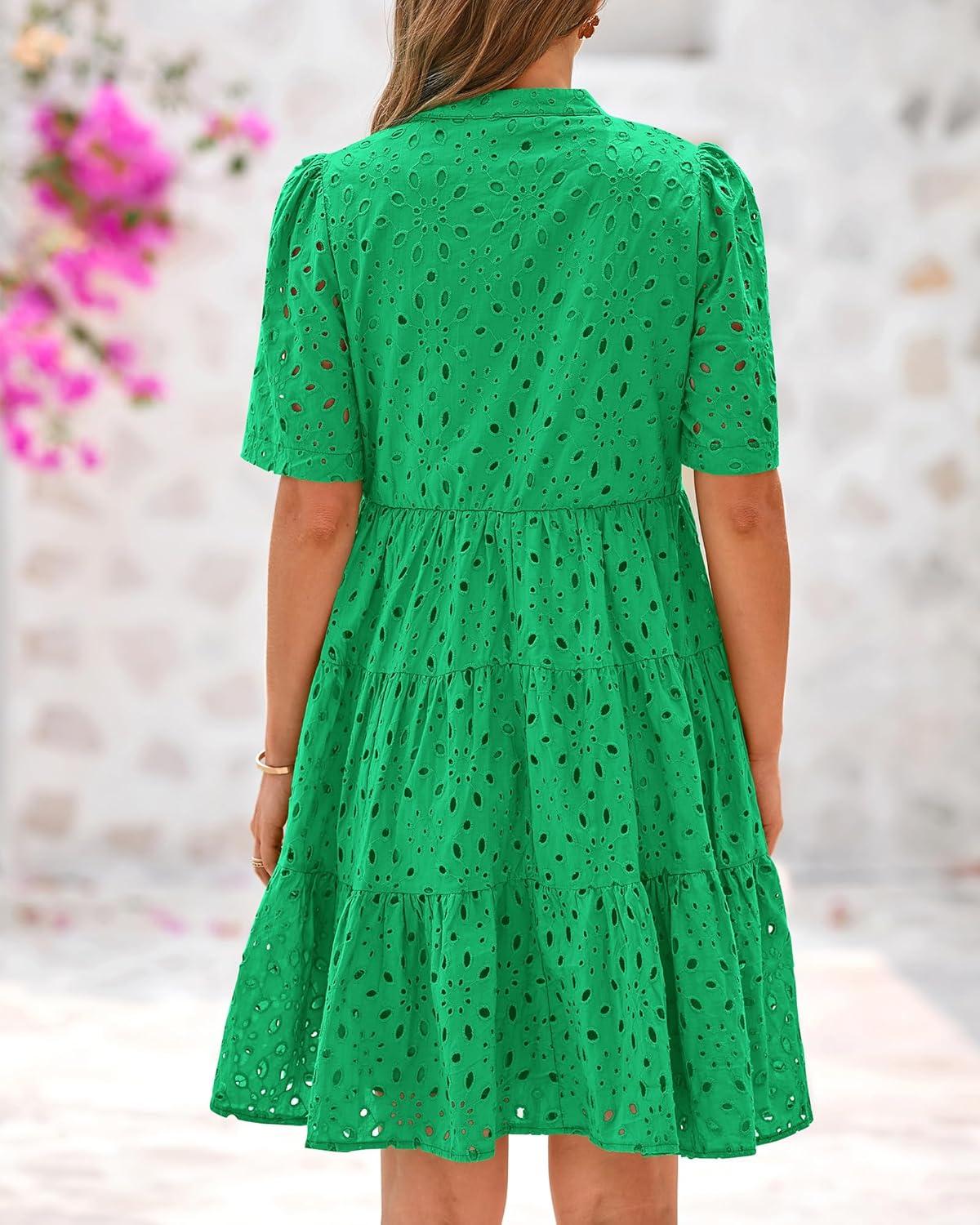 imageBTFBM Womens Boho Summer Dresses 2026 Spring V Neck Short Sleeve Hollow Out Lace Ruffle Casual Beach Mini Vacation DressGreen