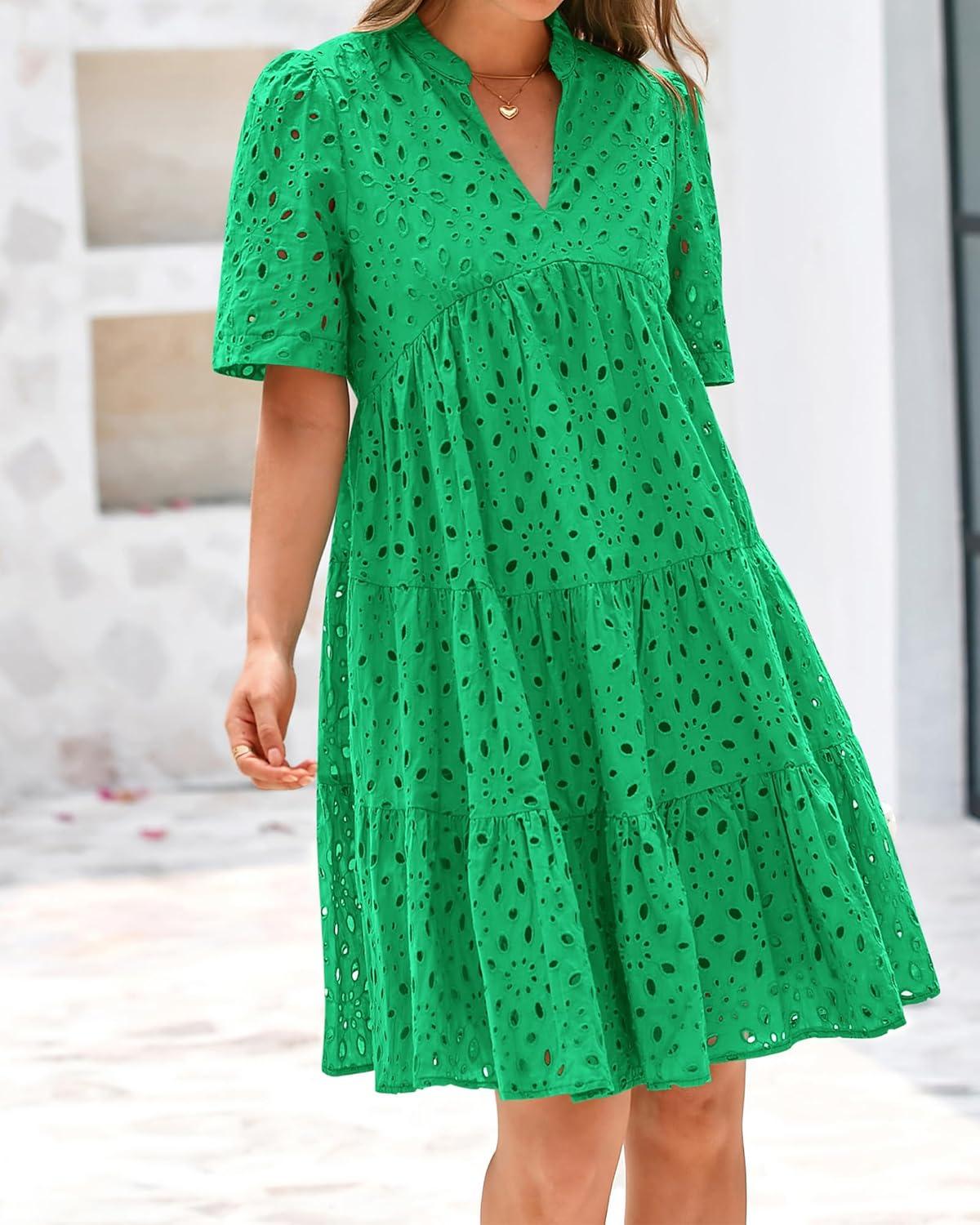 imageBTFBM Womens Boho Summer Dresses 2026 Spring V Neck Short Sleeve Hollow Out Lace Ruffle Casual Beach Mini Vacation DressGreen