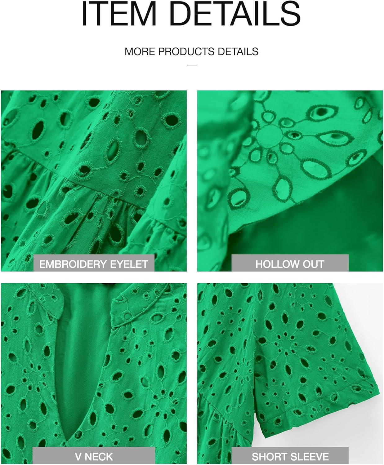 imageBTFBM Womens Boho Summer Dresses 2026 Spring V Neck Short Sleeve Hollow Out Lace Ruffle Casual Beach Mini Vacation DressGreen