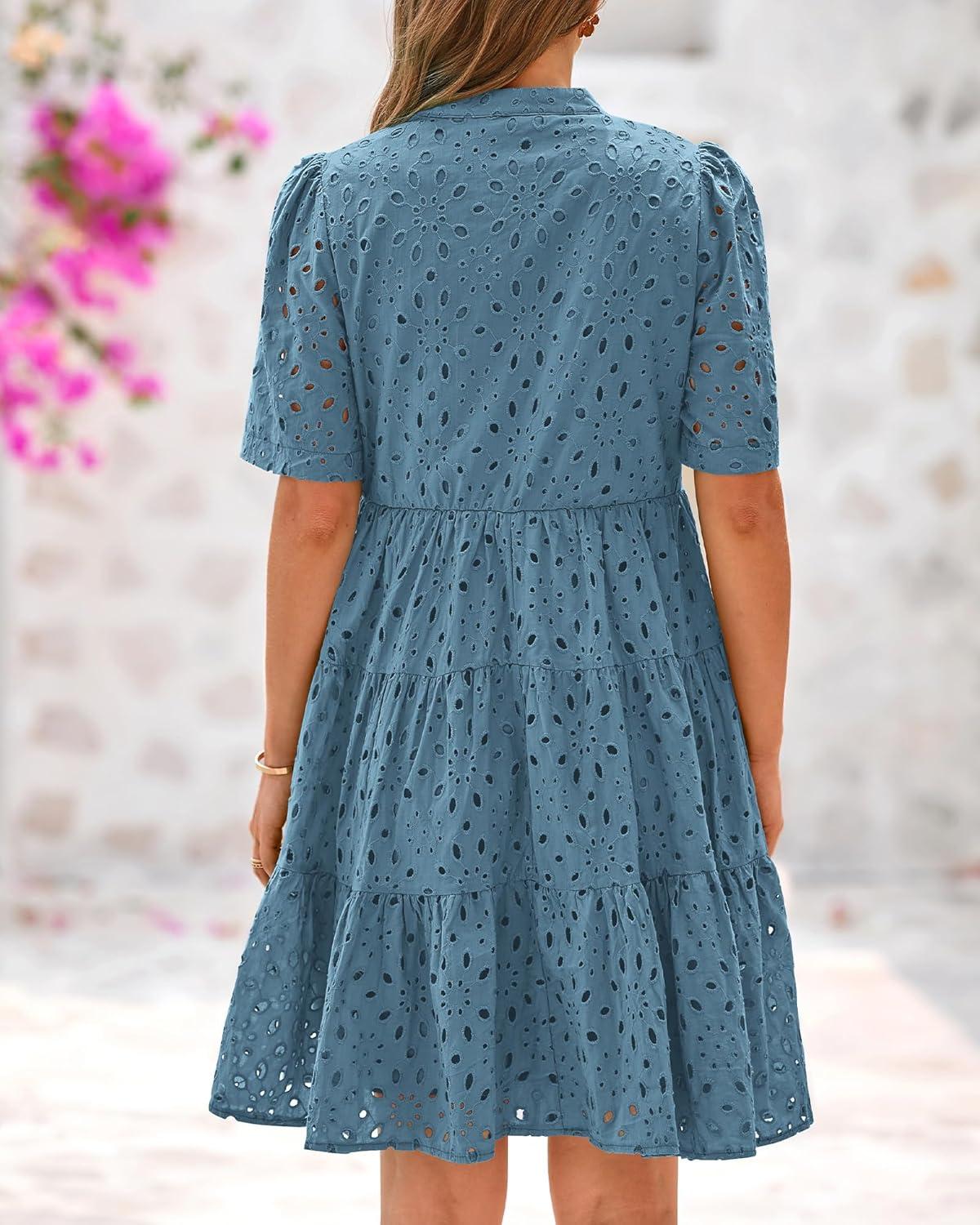 imageBTFBM Womens Boho Summer Dresses 2026 Spring V Neck Short Sleeve Hollow Out Lace Ruffle Casual Beach Mini Vacation DressGrey Blue