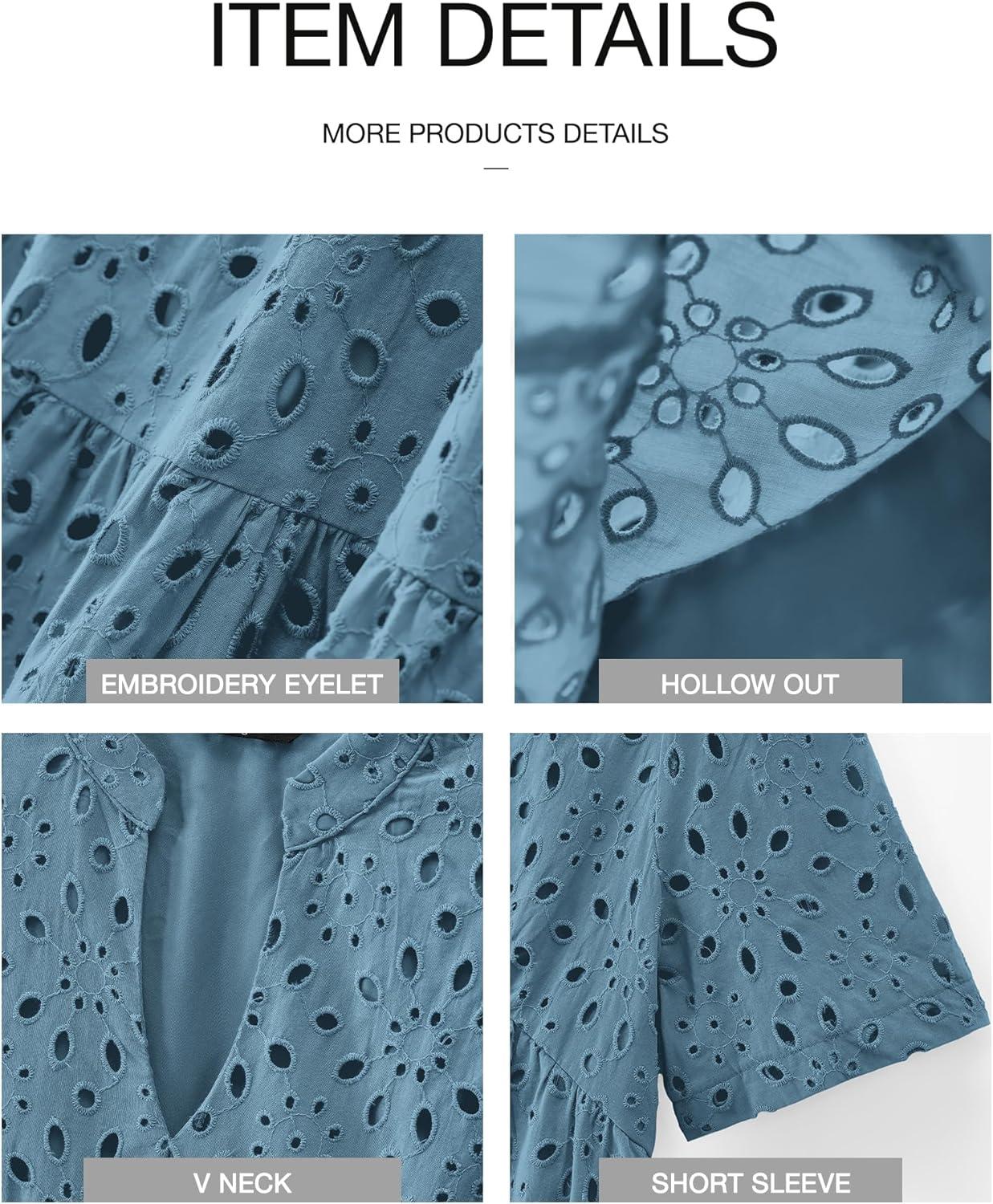 imageBTFBM Womens Boho Summer Dresses 2026 Spring V Neck Short Sleeve Hollow Out Lace Ruffle Casual Beach Mini Vacation DressGrey Blue