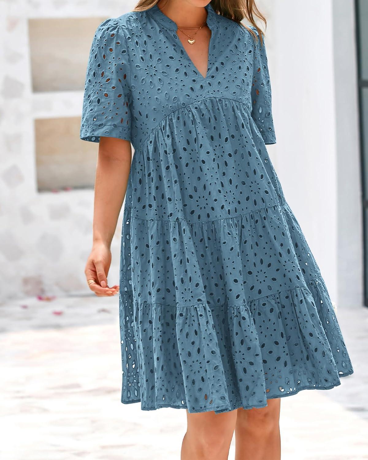 imageBTFBM Womens Boho Summer Dresses 2026 Spring V Neck Short Sleeve Hollow Out Lace Ruffle Casual Beach Mini Vacation DressGrey Blue