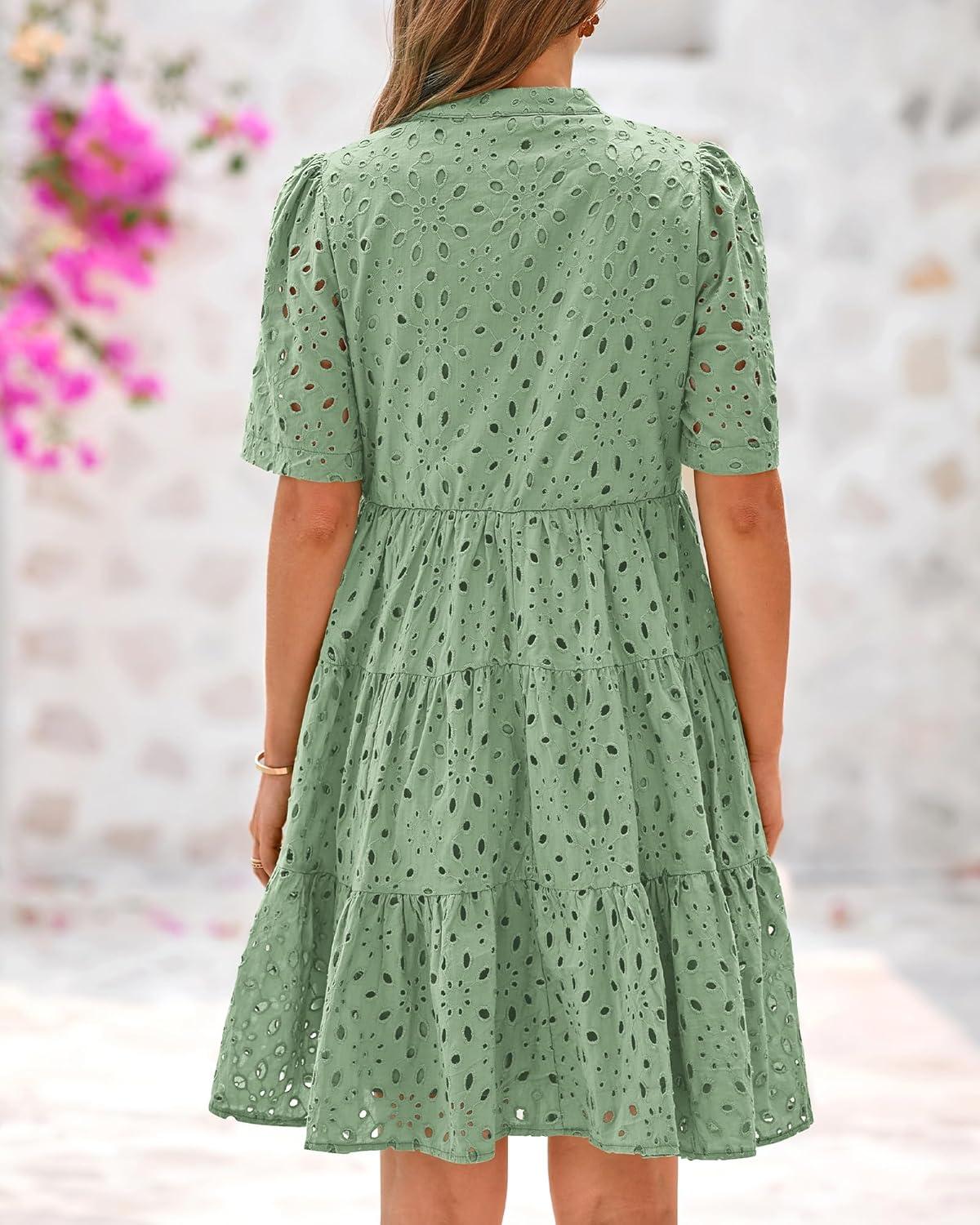 imageBTFBM Womens Boho Summer Dresses 2026 Spring V Neck Short Sleeve Hollow Out Lace Ruffle Casual Beach Mini Vacation DressGrey Green