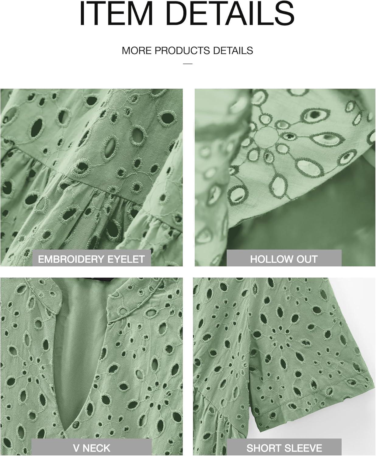 imageBTFBM Womens Boho Summer Dresses 2026 Spring V Neck Short Sleeve Hollow Out Lace Ruffle Casual Beach Mini Vacation DressGrey Green