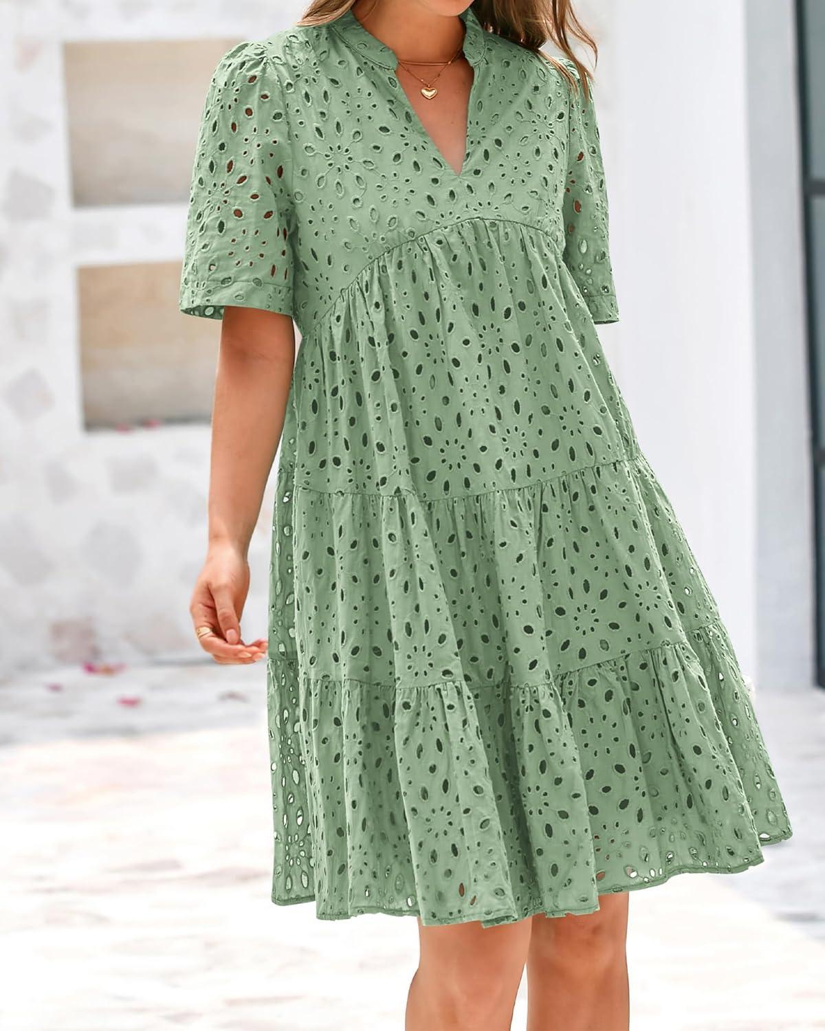 imageBTFBM Womens Boho Summer Dresses 2026 Spring V Neck Short Sleeve Hollow Out Lace Ruffle Casual Beach Mini Vacation DressGrey Green
