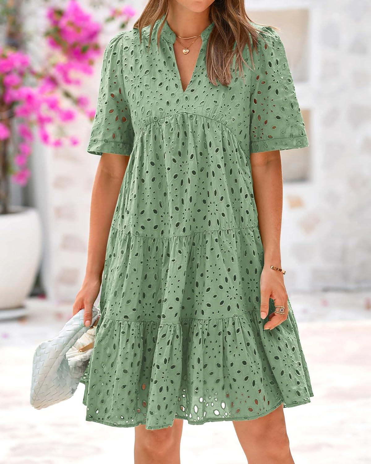 imageBTFBM Womens Boho Summer Dresses 2026 Spring V Neck Short Sleeve Hollow Out Lace Ruffle Casual Beach Mini Vacation DressGrey Green