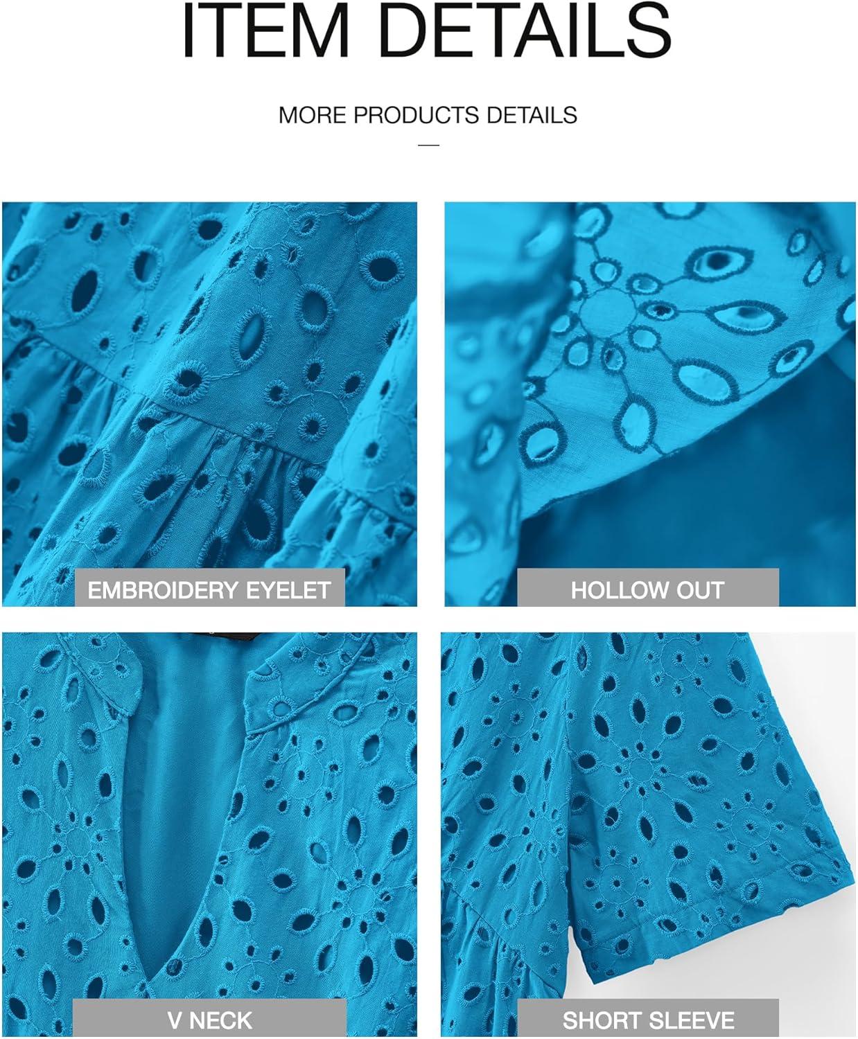 imageBTFBM Womens Boho Summer Dresses 2026 Spring V Neck Short Sleeve Hollow Out Lace Ruffle Casual Beach Mini Vacation DressLake Blue