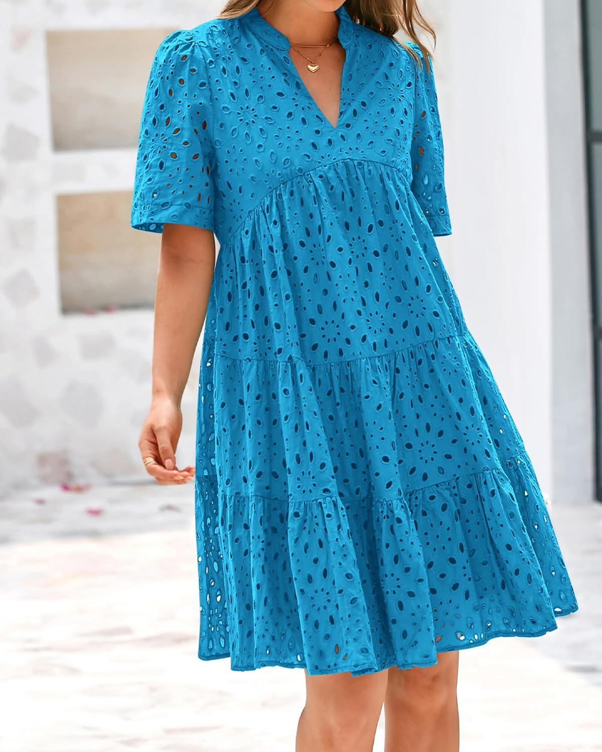 imageBTFBM Womens Boho Summer Dresses 2026 Spring V Neck Short Sleeve Hollow Out Lace Ruffle Casual Beach Mini Vacation DressLake Blue