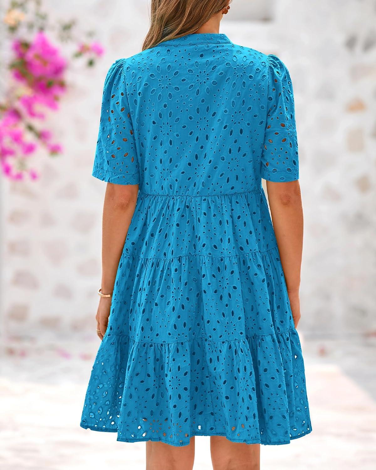 imageBTFBM Womens Boho Summer Dresses 2026 Spring V Neck Short Sleeve Hollow Out Lace Ruffle Casual Beach Mini Vacation DressLake Blue