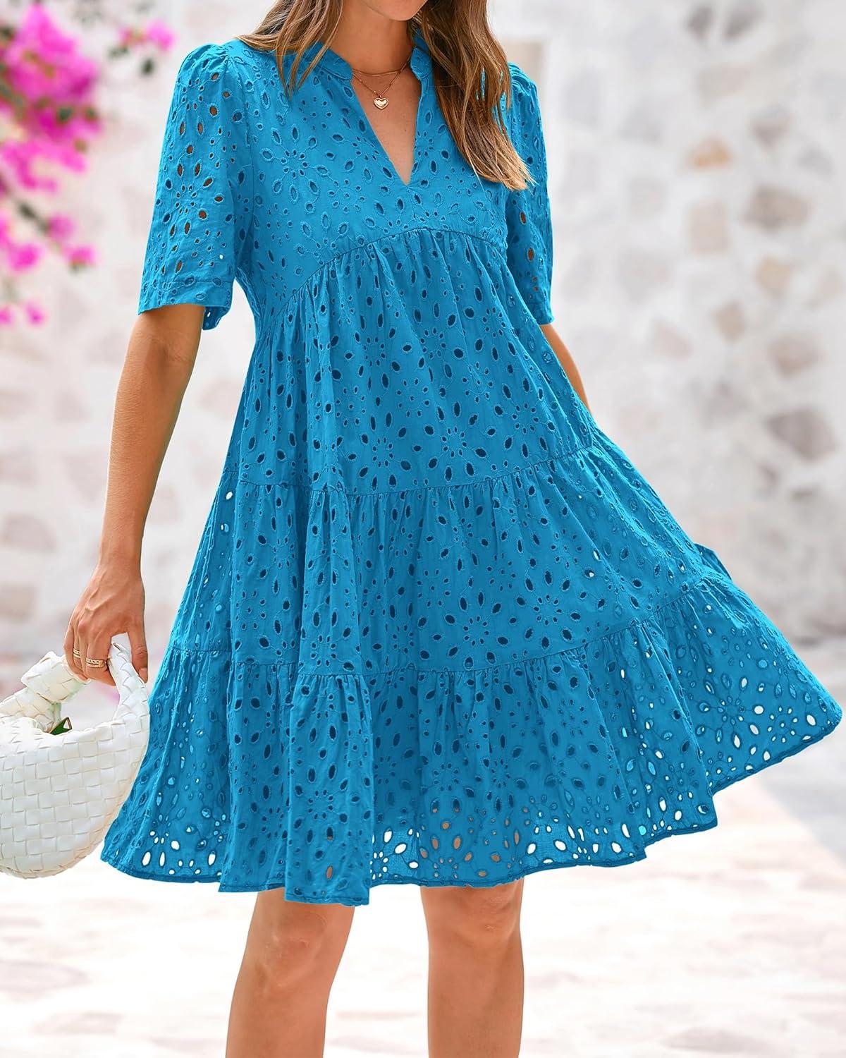 imageBTFBM Womens Boho Summer Dresses 2026 Spring V Neck Short Sleeve Hollow Out Lace Ruffle Casual Beach Mini Vacation DressLake Blue