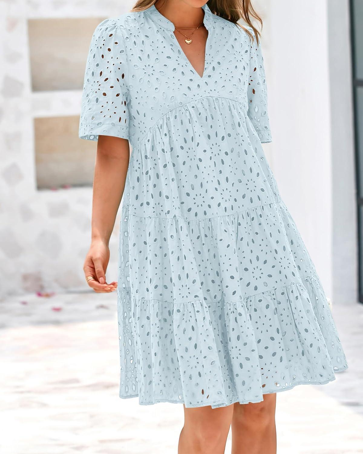 imageBTFBM Womens Boho Summer Dresses 2026 Spring V Neck Short Sleeve Hollow Out Lace Ruffle Casual Beach Mini Vacation DressLight Blue