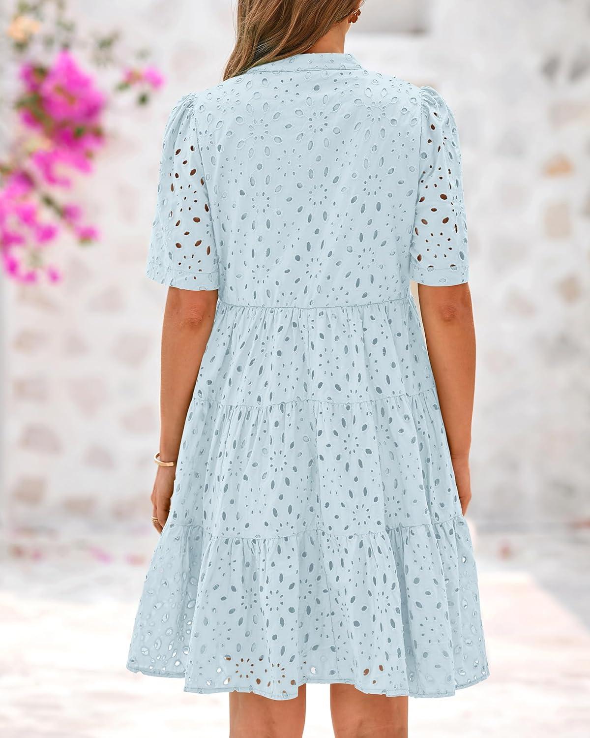 imageBTFBM Womens Boho Summer Dresses 2026 Spring V Neck Short Sleeve Hollow Out Lace Ruffle Casual Beach Mini Vacation DressLight Blue