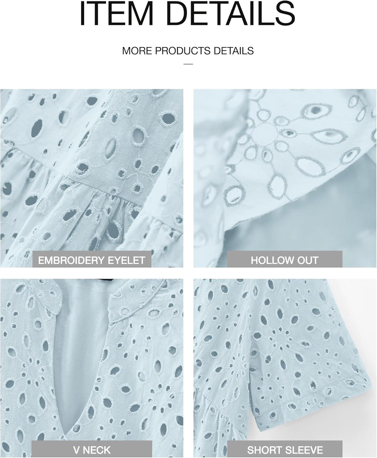 imageBTFBM Womens Boho Summer Dresses 2026 Spring V Neck Short Sleeve Hollow Out Lace Ruffle Casual Beach Mini Vacation DressLight Blue