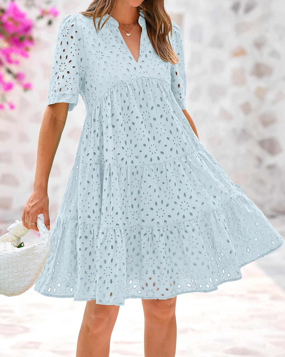 imageBTFBM Womens Boho Summer Dresses 2026 Spring V Neck Short Sleeve Hollow Out Lace Ruffle Casual Beach Mini Vacation DressLight Blue