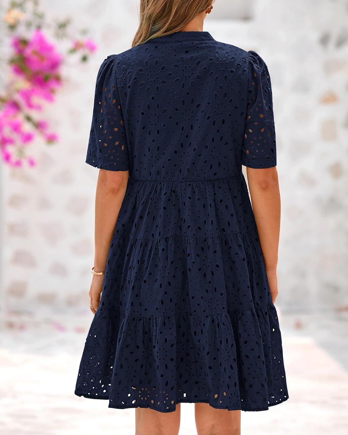 imageBTFBM Womens Boho Summer Dresses 2026 Spring V Neck Short Sleeve Hollow Out Lace Ruffle Casual Beach Mini Vacation DressNavy