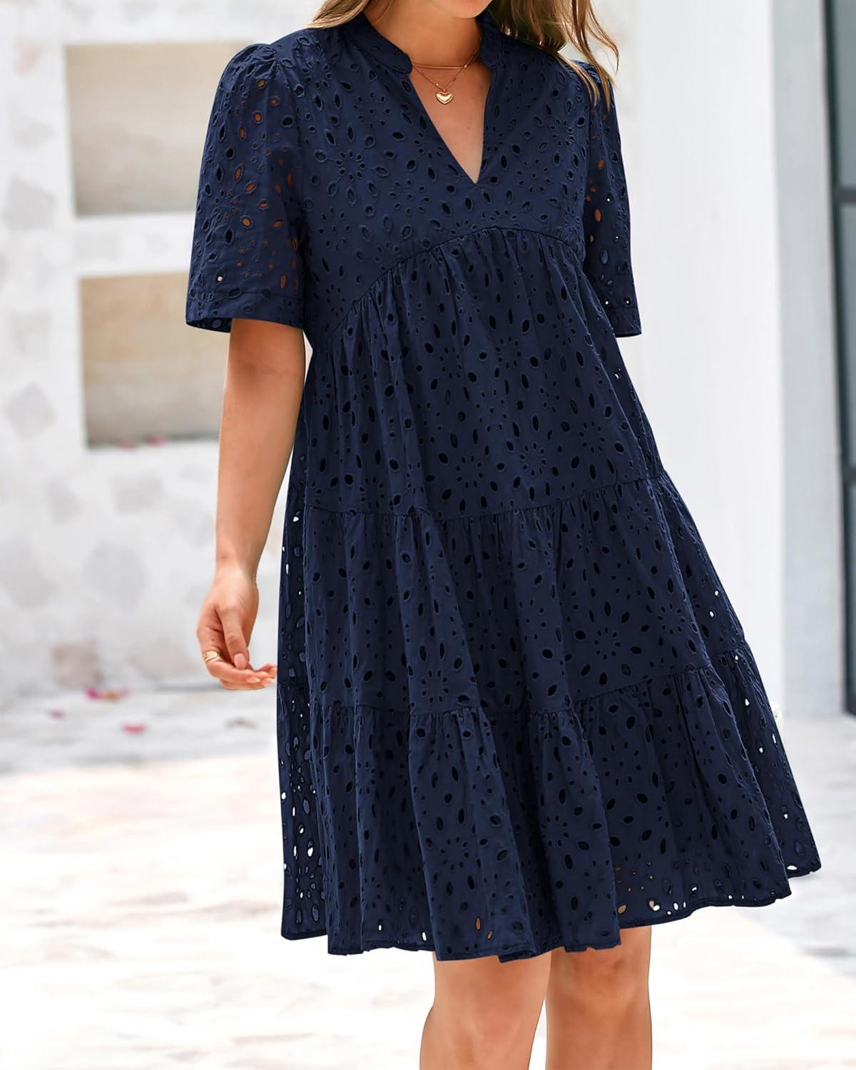 imageBTFBM Womens Boho Summer Dresses 2026 Spring V Neck Short Sleeve Hollow Out Lace Ruffle Casual Beach Mini Vacation DressNavy