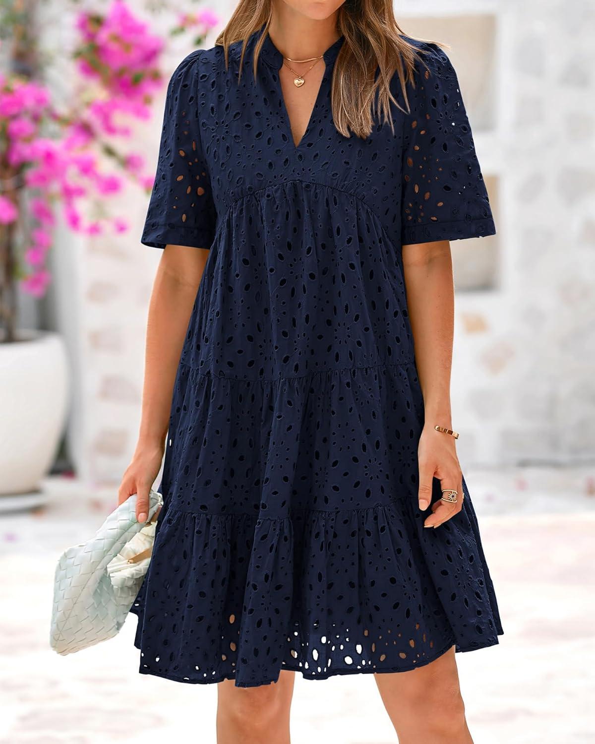 imageBTFBM Womens Boho Summer Dresses 2026 Spring V Neck Short Sleeve Hollow Out Lace Ruffle Casual Beach Mini Vacation DressNavy