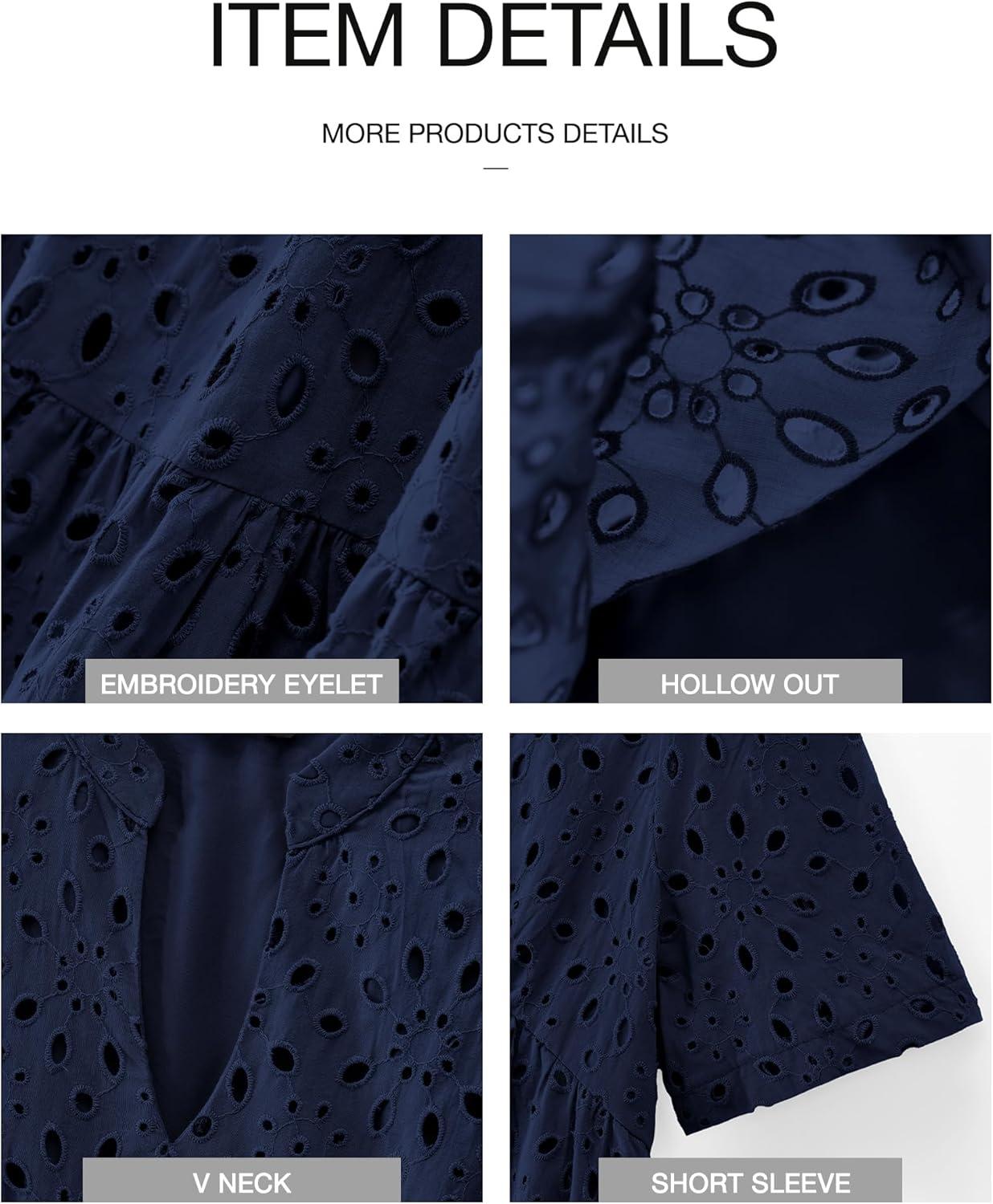 imageBTFBM Womens Boho Summer Dresses 2026 Spring V Neck Short Sleeve Hollow Out Lace Ruffle Casual Beach Mini Vacation DressNavy