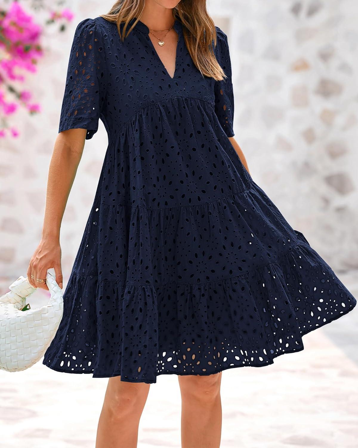 imageBTFBM Womens Boho Summer Dresses 2026 Spring V Neck Short Sleeve Hollow Out Lace Ruffle Casual Beach Mini Vacation DressNavy