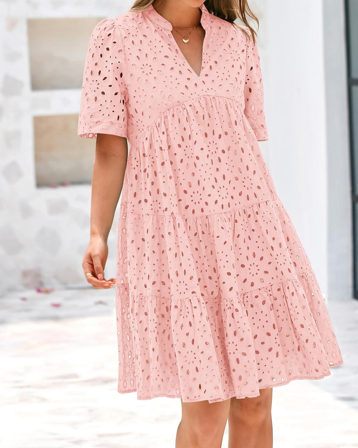 imageBTFBM Womens Boho Summer Dresses 2026 Spring V Neck Short Sleeve Hollow Out Lace Ruffle Casual Beach Mini Vacation DressPink