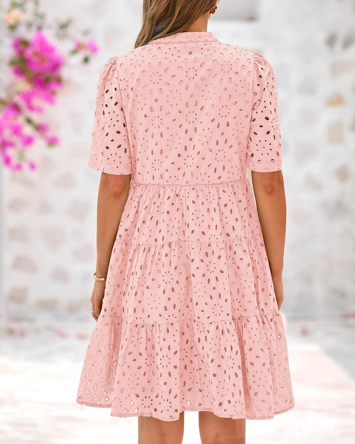 imageBTFBM Womens Boho Summer Dresses 2026 Spring V Neck Short Sleeve Hollow Out Lace Ruffle Casual Beach Mini Vacation DressPink