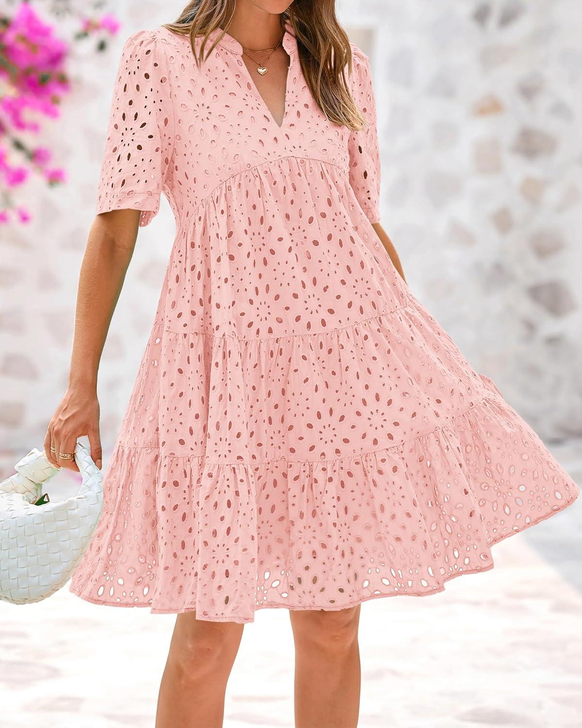 imageBTFBM Womens Boho Summer Dresses 2026 Spring V Neck Short Sleeve Hollow Out Lace Ruffle Casual Beach Mini Vacation DressPink