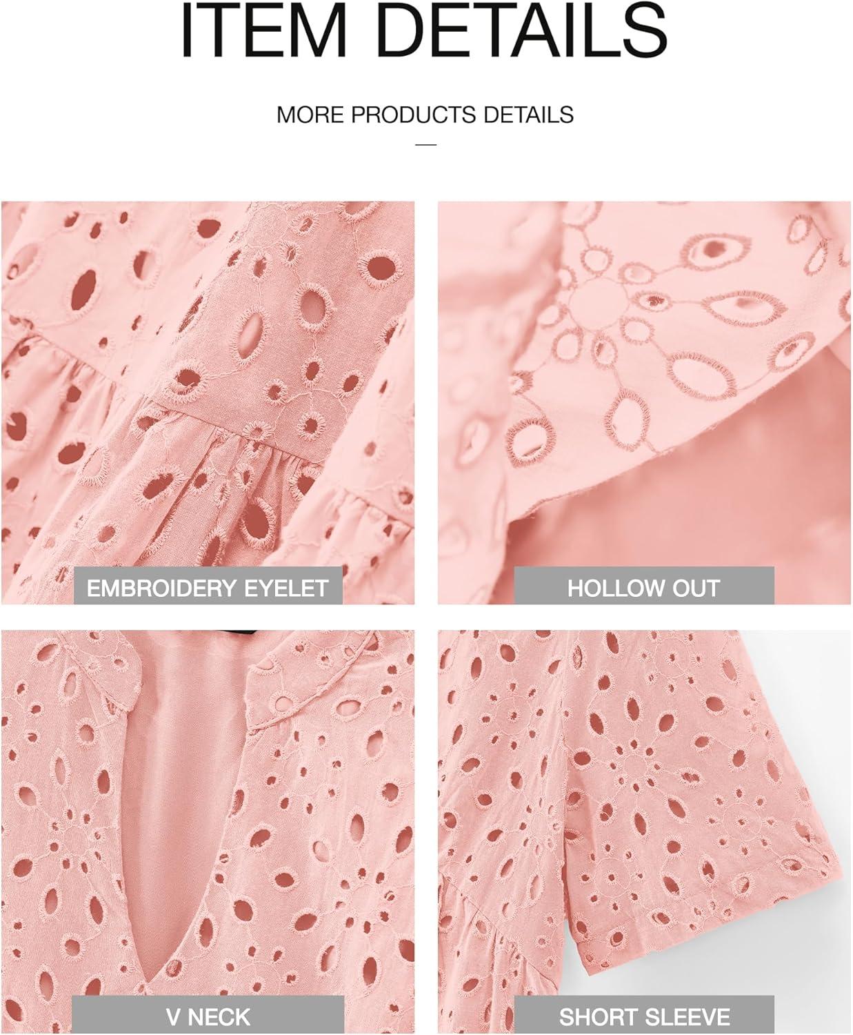 imageBTFBM Womens Boho Summer Dresses 2026 Spring V Neck Short Sleeve Hollow Out Lace Ruffle Casual Beach Mini Vacation DressPink