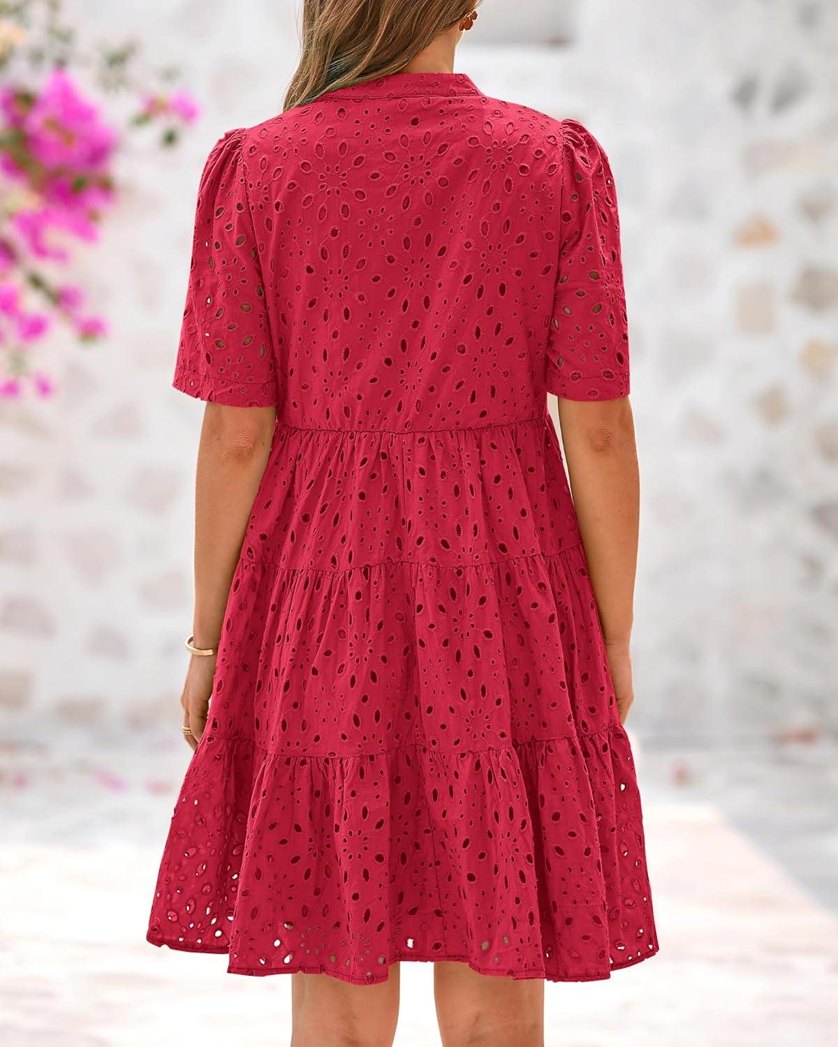 imageBTFBM Womens Boho Summer Dresses 2026 Spring V Neck Short Sleeve Hollow Out Lace Ruffle Casual Beach Mini Vacation DressRed