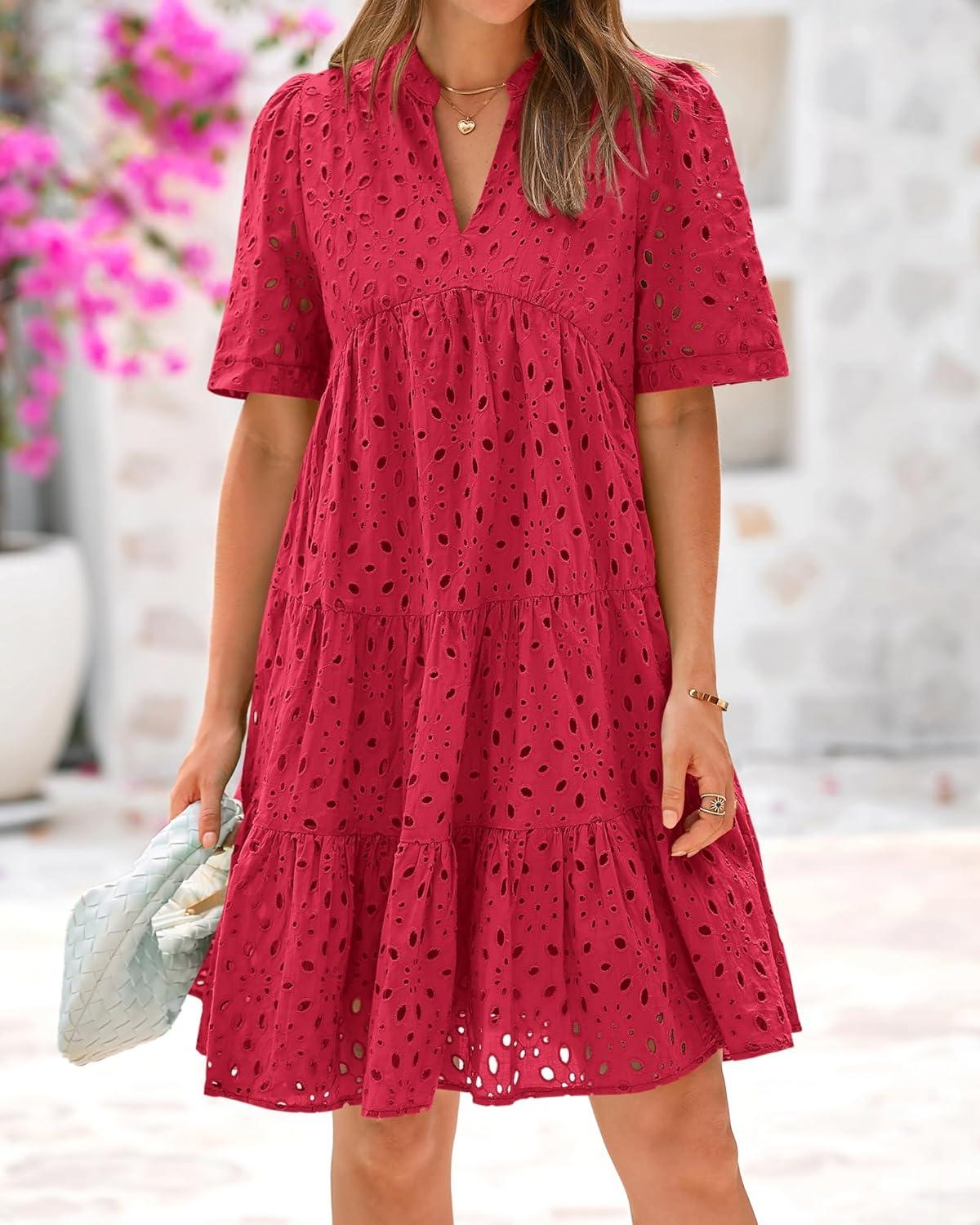 imageBTFBM Womens Boho Summer Dresses 2026 Spring V Neck Short Sleeve Hollow Out Lace Ruffle Casual Beach Mini Vacation DressRed