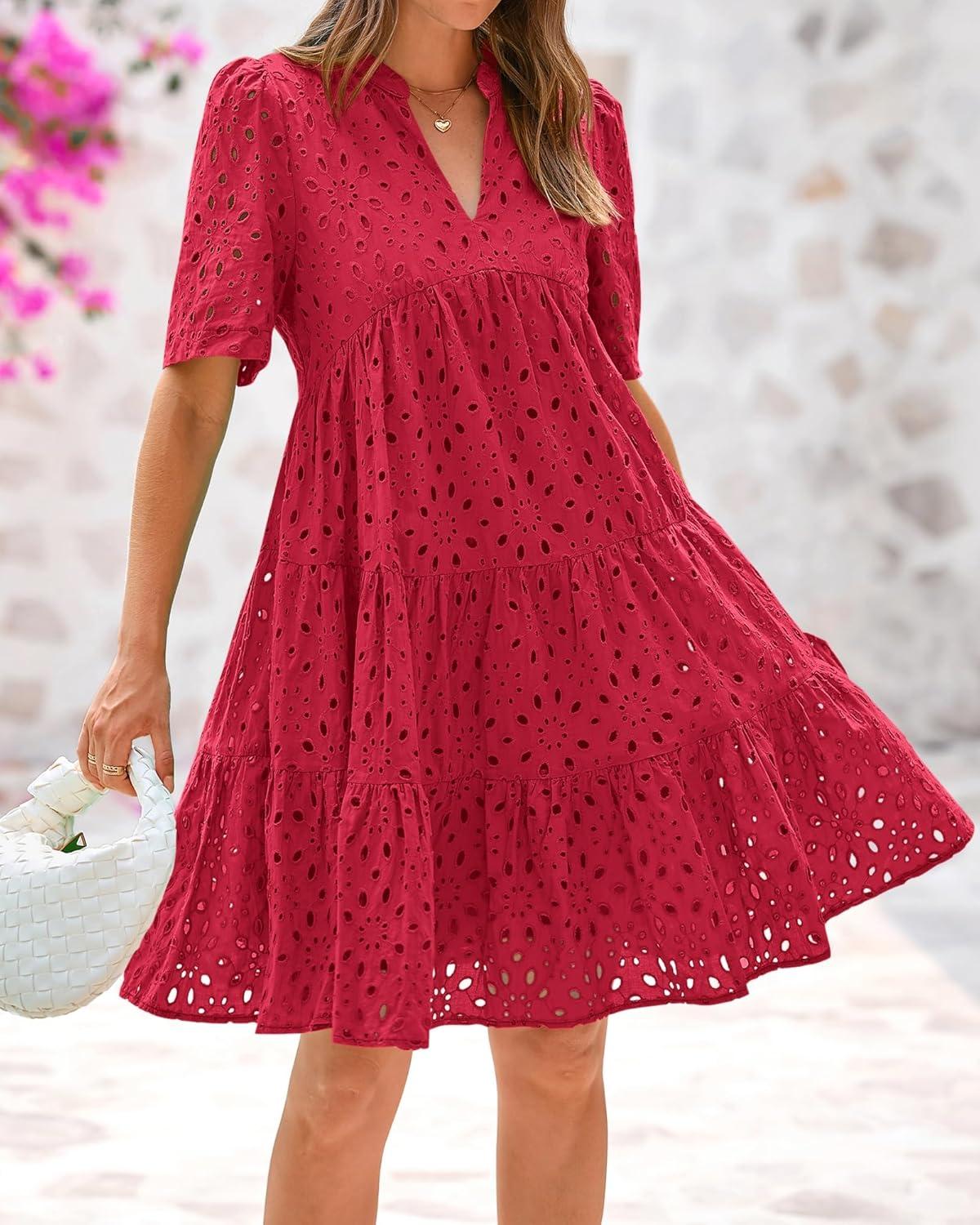 imageBTFBM Womens Boho Summer Dresses 2026 Spring V Neck Short Sleeve Hollow Out Lace Ruffle Casual Beach Mini Vacation DressRed