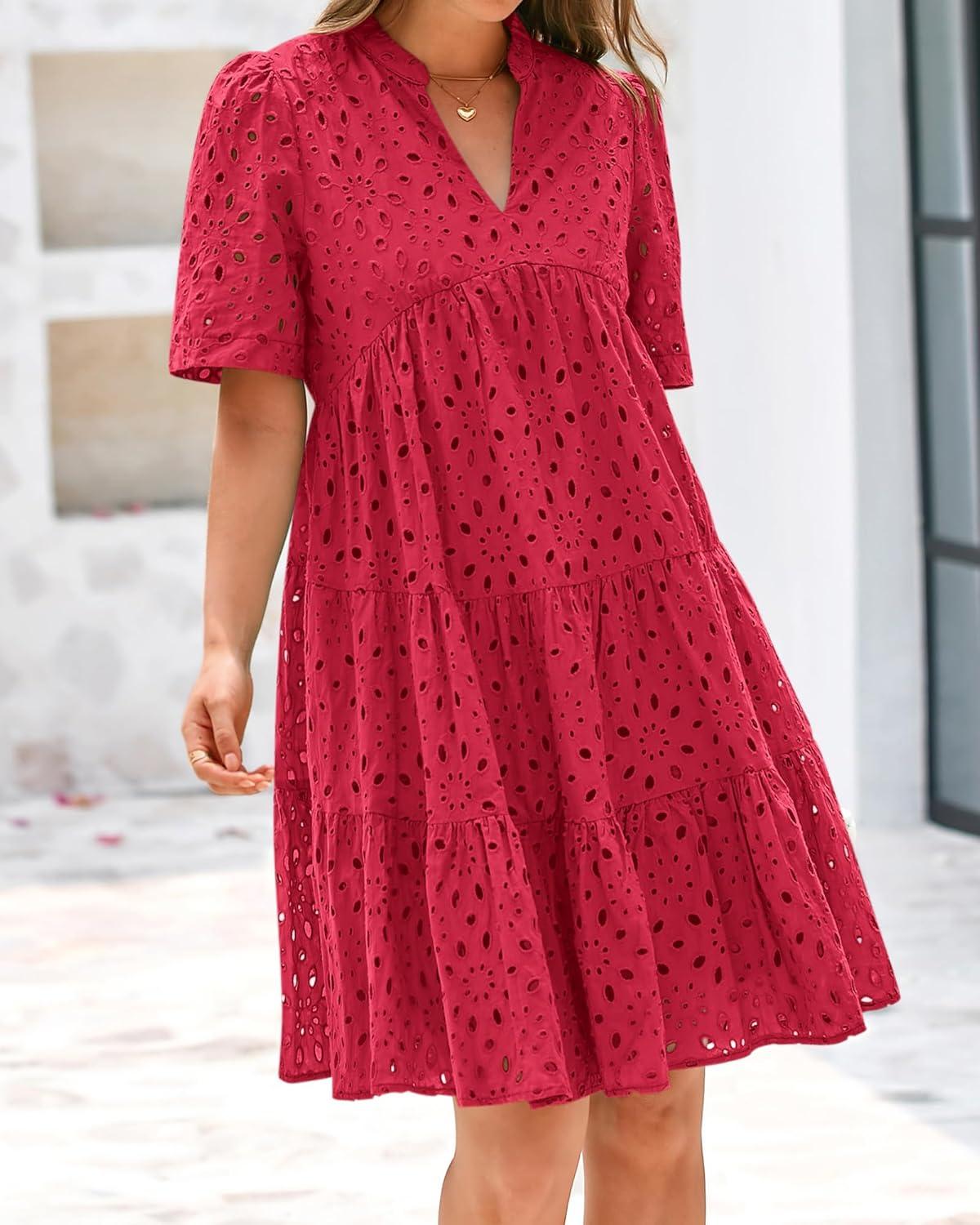 imageBTFBM Womens Boho Summer Dresses 2026 Spring V Neck Short Sleeve Hollow Out Lace Ruffle Casual Beach Mini Vacation DressRed