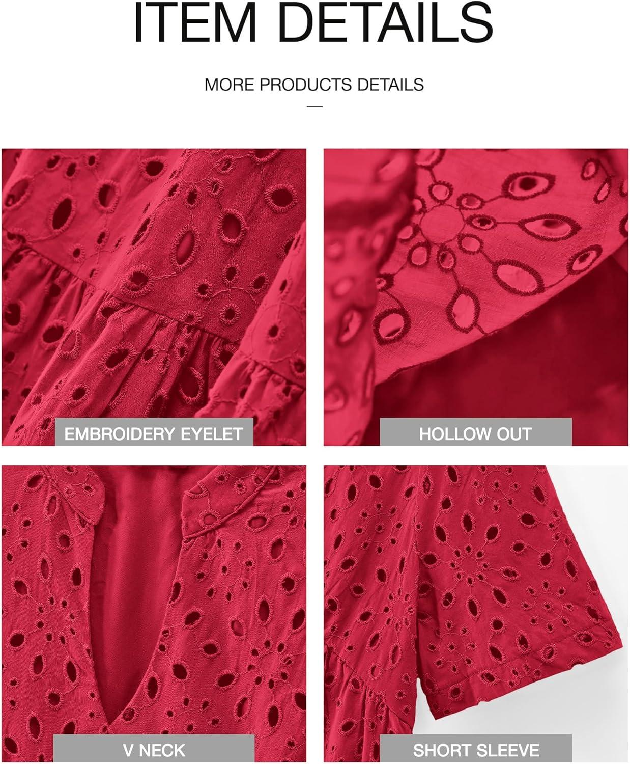 imageBTFBM Womens Boho Summer Dresses 2026 Spring V Neck Short Sleeve Hollow Out Lace Ruffle Casual Beach Mini Vacation DressRed