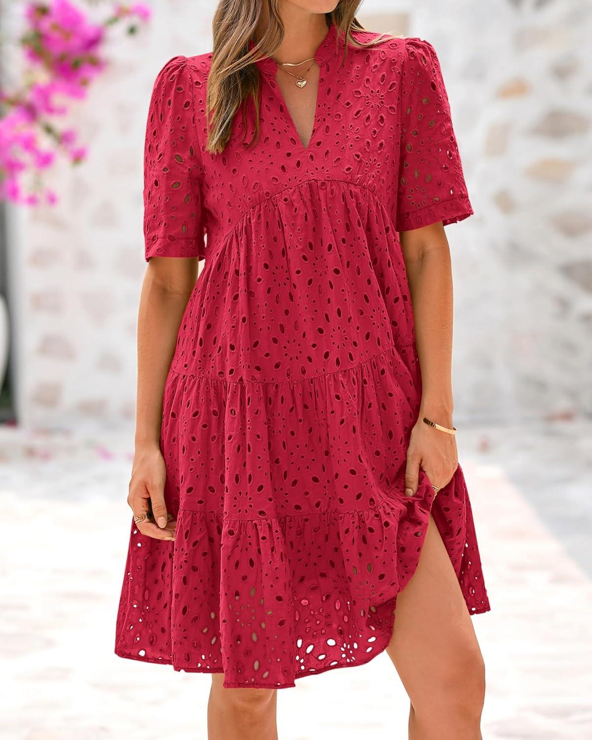 imageBTFBM Womens Boho Summer Dresses 2026 Spring V Neck Short Sleeve Hollow Out Lace Ruffle Casual Beach Mini Vacation DressRed