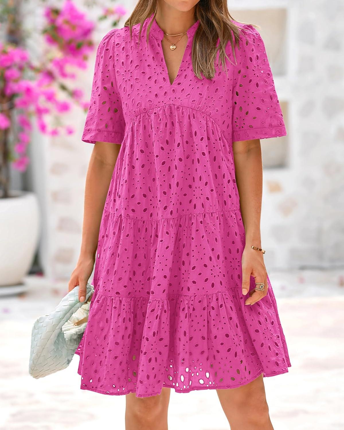 imageBTFBM Womens Boho Summer Dresses 2026 Spring V Neck Short Sleeve Hollow Out Lace Ruffle Casual Beach Mini Vacation DressRose Red