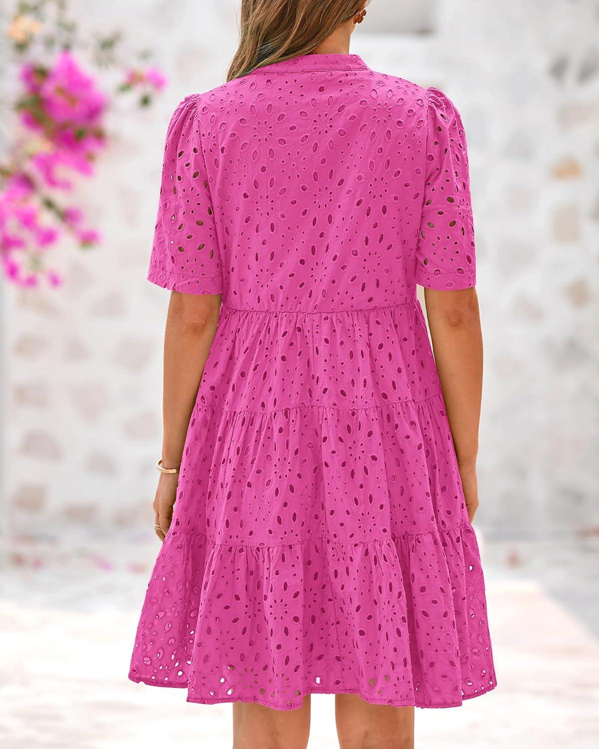 imageBTFBM Womens Boho Summer Dresses 2026 Spring V Neck Short Sleeve Hollow Out Lace Ruffle Casual Beach Mini Vacation DressRose Red