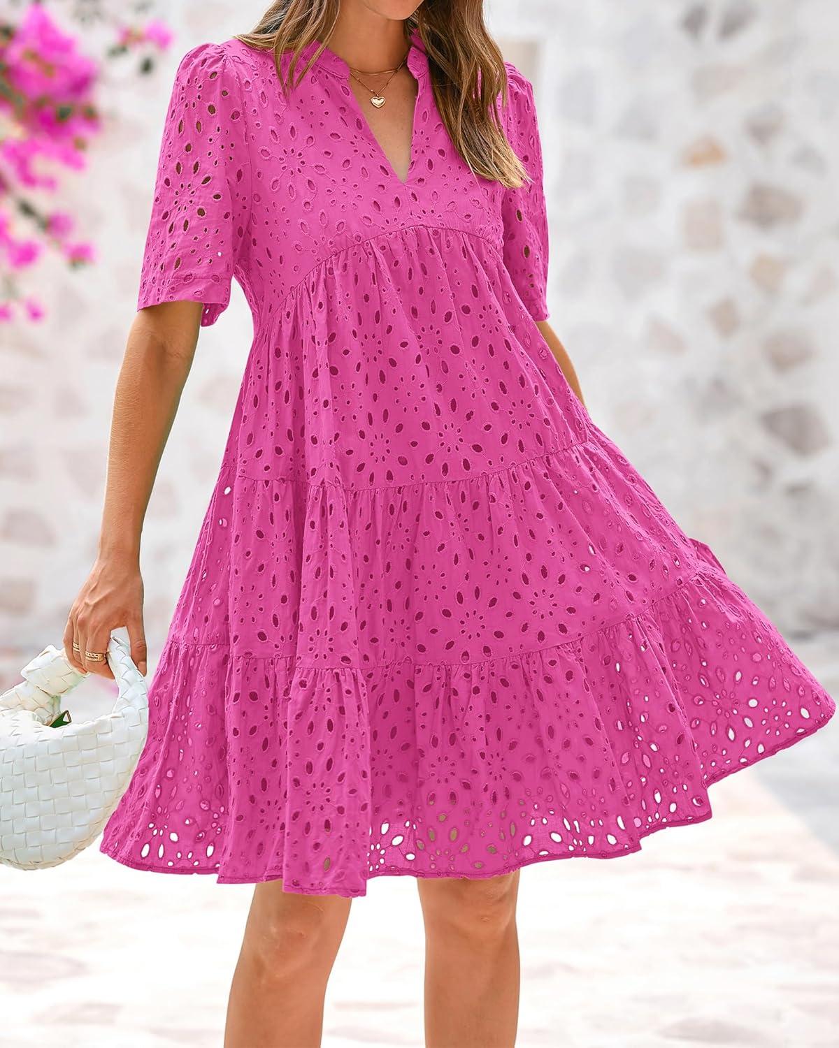 imageBTFBM Womens Boho Summer Dresses 2026 Spring V Neck Short Sleeve Hollow Out Lace Ruffle Casual Beach Mini Vacation DressRose Red