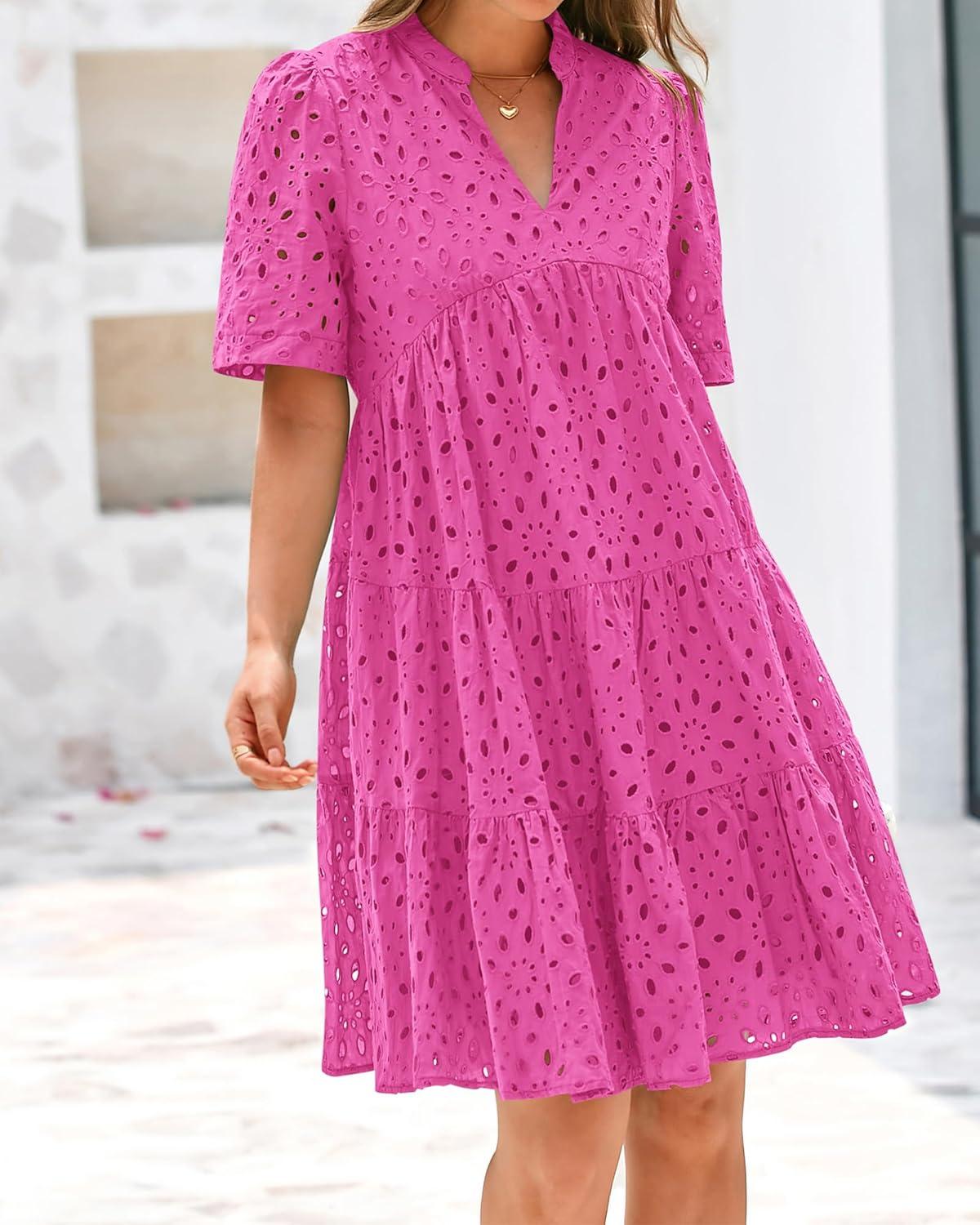 imageBTFBM Womens Boho Summer Dresses 2026 Spring V Neck Short Sleeve Hollow Out Lace Ruffle Casual Beach Mini Vacation DressRose Red