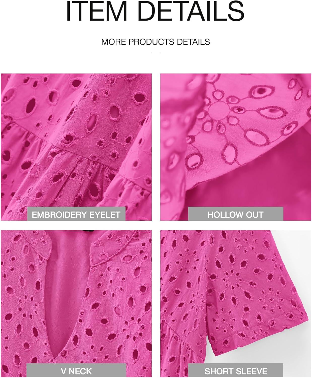 imageBTFBM Womens Boho Summer Dresses 2026 Spring V Neck Short Sleeve Hollow Out Lace Ruffle Casual Beach Mini Vacation DressRose Red