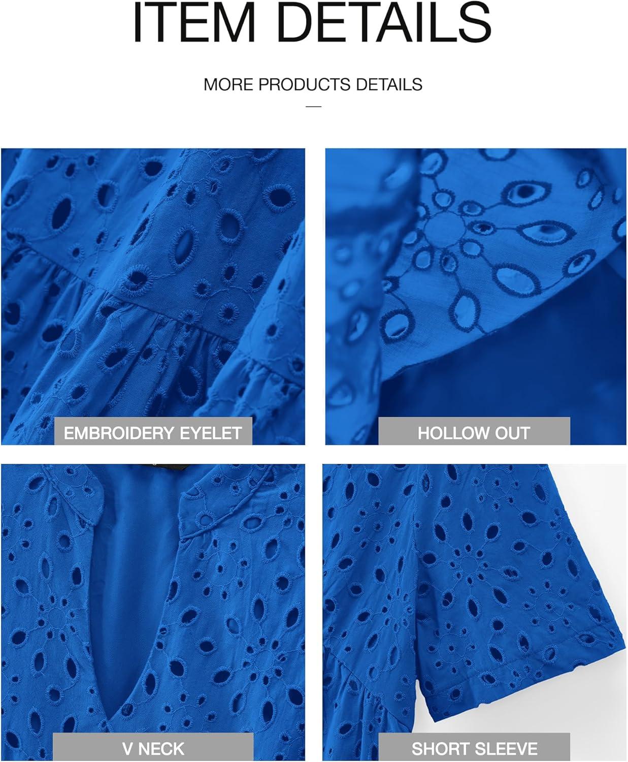 imageBTFBM Womens Boho Summer Dresses 2026 Spring V Neck Short Sleeve Hollow Out Lace Ruffle Casual Beach Mini Vacation DressRoyal Blue